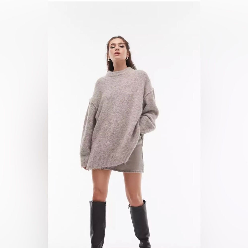 Topshop knitted longline exposed seam fluffy crew neck sweater in oat